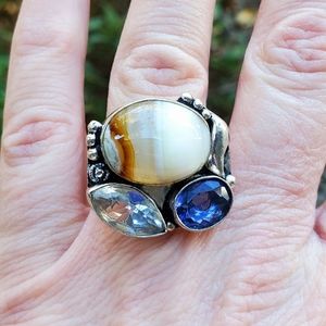 New Onyx Agate, Amethyst, and White Topaz 925 Silver Ring.